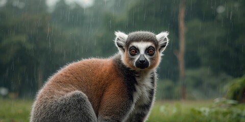 Obraz premium Common brown lemur in a park environment, natural behavior in urban areas