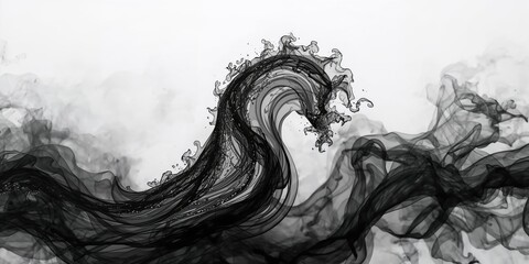 Abstract monochrome design featuring a water wave formed through interplay of light and fire, with textured cloud and smoke effects, for layout backdrop