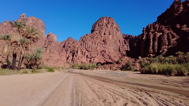 Al-Disah, Saudi Arabia: Panoramic footage of the stunning wadi Al-Disah canyon famous for its red rock and palm tree near Tabuk in the desert of Saudi Arabia. 