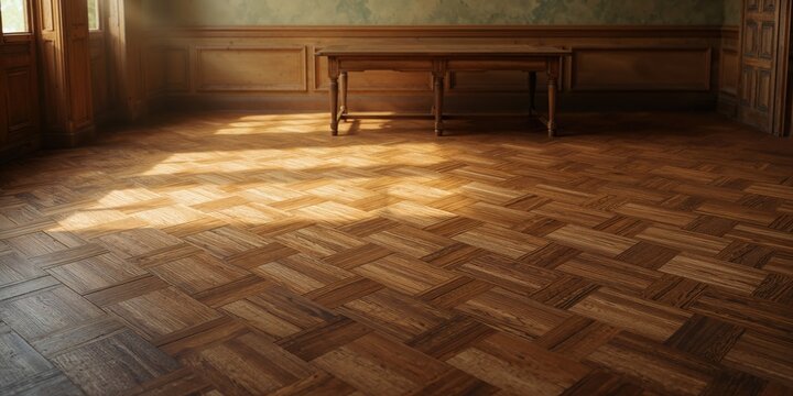 Wooden parquet flooring with small interlocking blocks forming a decorative pattern, suitable for interior decor, Earth Day