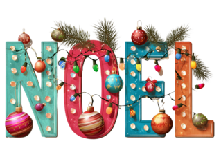  Bold Noel block letters with Christmas ornaments
