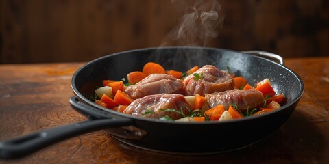 Cooking rabbit stew with herbs onions and carrots in a frying pan, highlighting food safety and proper technique