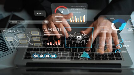 Business Professional Analyzing Data with Artificial Intelligence Interface on Laptop with Graphics and Charts Displayed on Innovative Technology Background Gluon.