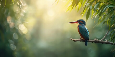 Stork-billed Kingfisher resting on a tree limb, highlighting avian behavior and natural environment, wildlife conservation awareness