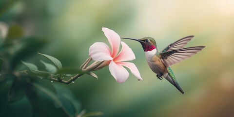 Naklejka premium Close-up of a hummingbird with iridescent feathers, capturing focus on small bird behavior, environmental conservation focus