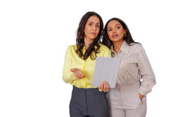 Two businesswomen engaged in discussion, collaborating and sharing insights while looking at a tablet. Transparent background provided