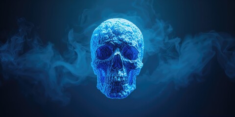 Digital cloud skull with a frightening, catastrophe-related abstract on a blue backdrop, highlighting cybersecurity threats