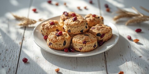 Freshly baked scones with dried berries placed on a white wooden breakfast table, emphasizing whole grain snacks