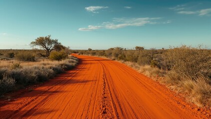 Naklejka premium Winding red dirt road in a remote setting, designed as a UI backdrop for navigation or mapping applications