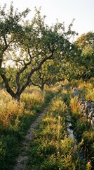Serene Orchard Pathway with Trees and Natural Sunlight at Dusk