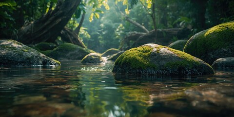 Stream with mossy stones, highlighting seasonal change and water erosion