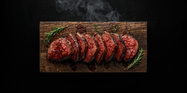 Herb-seasoned roasted beef steaks from Chuck Roll cut on a dark background, emphasizing cooking techniques