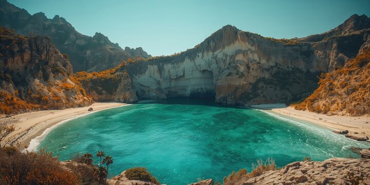 Giola Lagoon set within a rugged terrain, natural formations, Earth Day