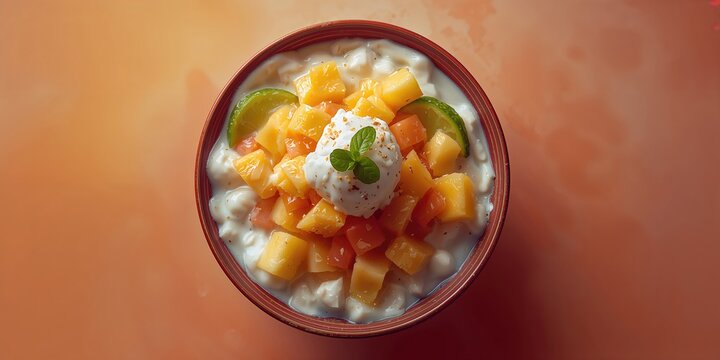 Filipino fruit salad with coconut and sweetened milk cream, designed as a layered sweet treat
