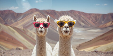 Fototapeta premium Mountain scene featuring llamas wearing sunglasses, highlighting animal behavior in high-altitude environments