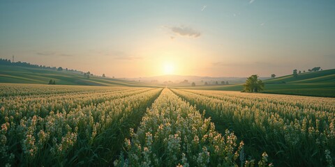Morning scene of a buckwheat field, illustrating natural landscape for layout or editorial use, summer
