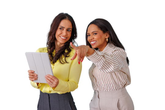 Businesswomen team reviewing information on a tablet and pointing with enthusiasm, transparent background - Powered by Adobe
