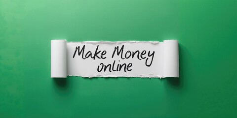 Online income concept with handwritten message on torn paper and pen, set against green background, suitable for digital earning themes