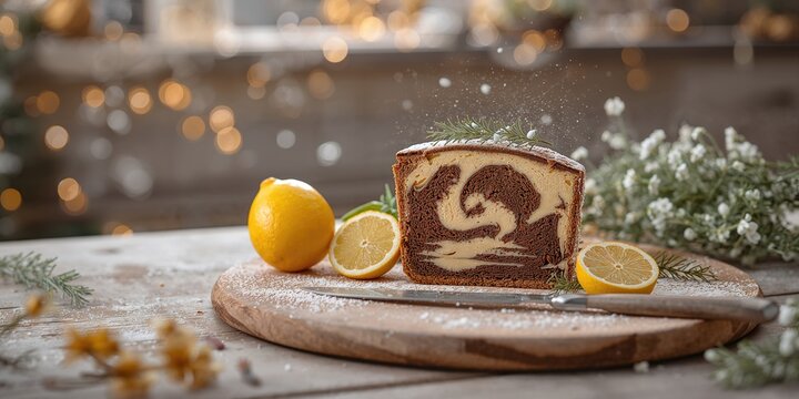 Marble cake slices featuring sugar, lemon, melissa, milk, eggs, and butter, used for bakery presentations or culinary arts