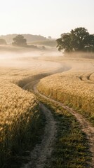 Fototapeta premium Serene Sunrise Over Wheat Field with Curved Pathway in Foggy Air