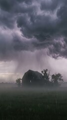 Fototapeta premium Dark Storm Clouds Over Abandoned Barn in Moody Landscape