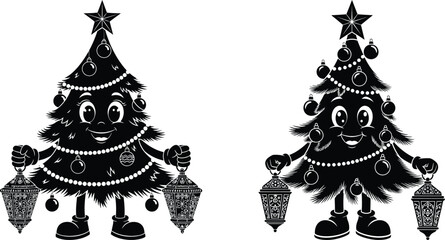 Christmas tree cartoon characters holding lanterns, decorated with ornaments, in outline vector
