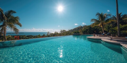 Sunlit tropical pool with vibrant blue water, perfect for summer relaxation and outdoor activities