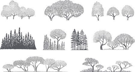Collection of hand-drawn illustrations of various trees and bushes in different styles shrub vegetation © Montaha,, Creatives
