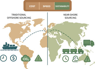 Supply Chain Logistics Map &mdash; Cost, Time, and Sustainability Comparison Vector