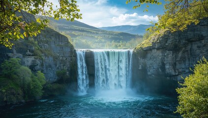 Fototapeta premium Waterfall scene following substantial rain, highlighting natural water movement and landscape change