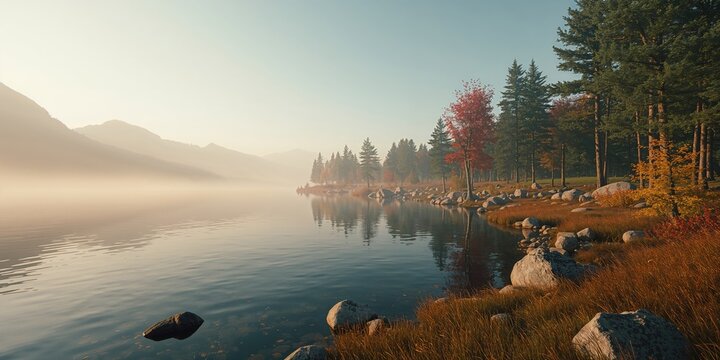 Dawn mist over a lake surrounded by pine trees and rocks with fall foliage, illustrating seasonal transition