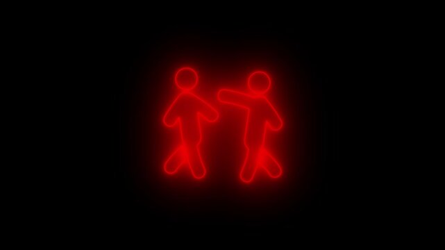 Neon Fighting Stick Figures Icon Glowing red on Black Background