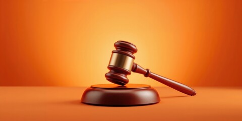 Judicial gavel resting on vibrant orange background, symbolizing justice and courtroom decision-making, law awareness day