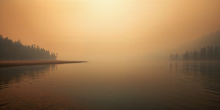 Summer scene with a lake veiled by wildfire smoke, highlighting air quality concerns