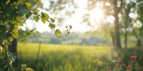 Obraz premium Vine branch in focus with a softly out-of-focus landscape behind, ideal for botanical or environmental layouts