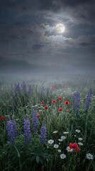 Naklejka premium Misty Night Landscape with Wildflowers Under Full Moon