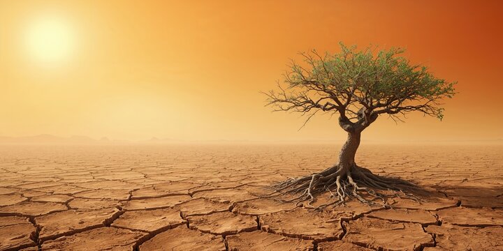 Arid soil with a lone tree illustrating soil erosion and desertification processes, World Soil Day