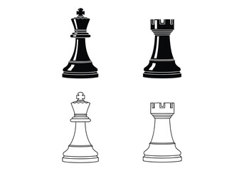 Chess king and rook pieces, black and white outlines
