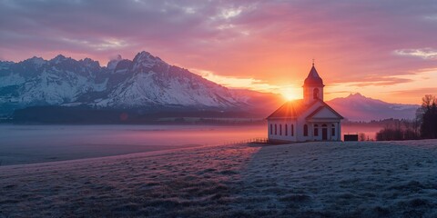 Mountain scene at dawn showing a chapel with sunrise light, highlighting winter months and scenic beauty