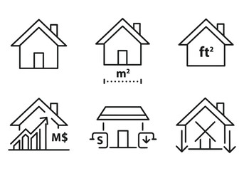 Real estate icons representing house value, size, and market trends