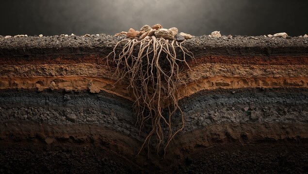 Soil profile panorama, revealing different soil horizons and textures, World Soil Day