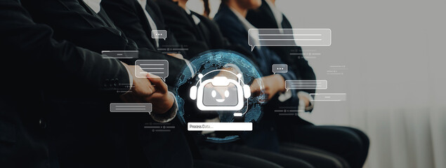 Business professionals engaged in discussion while a digital chatbot illustration signifies innovation in communication and virtual assistance technologies. Trope