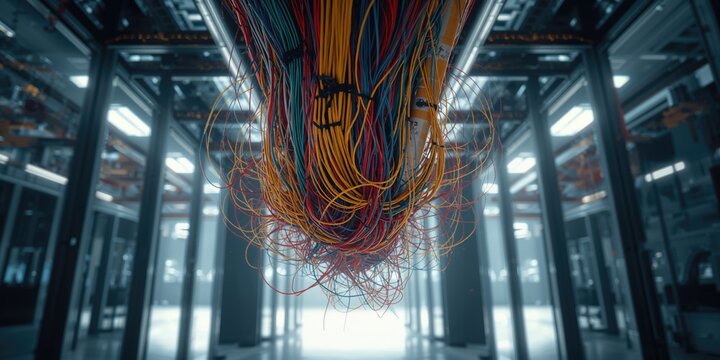 Network cabling system with zip-tied cables entering a conduit, focusing on organization and compliance