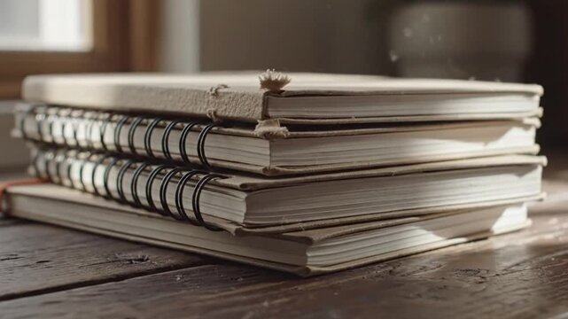 A neat stack of notebooks placed on a table in soft light.