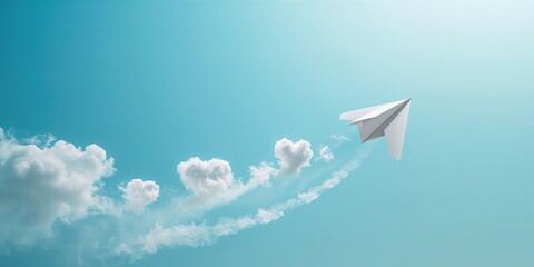 Paper airplane adorned with heart motifs in a bright sky setting, suggesting themes of love and adventure