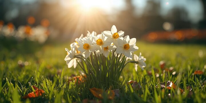 Garden with blooming narcissus flowers, highlighting seasonal growth