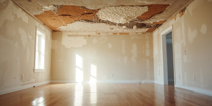 Ceiling with moisture damage and water bubbles on drywall, showing structural issues, post heavy rain