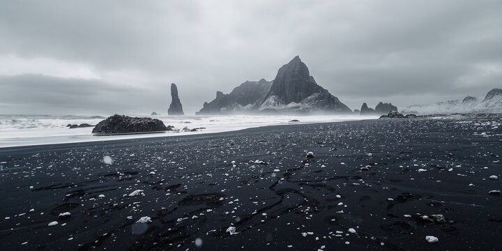 Snow-covered rocky beach with black volcanic sand and sea stacks in Iceland, winter landscape and seasonal change - Powered by Adobe