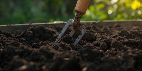 Close-up of a garden fork blending compost in a bin, focusing on organic waste decomposition