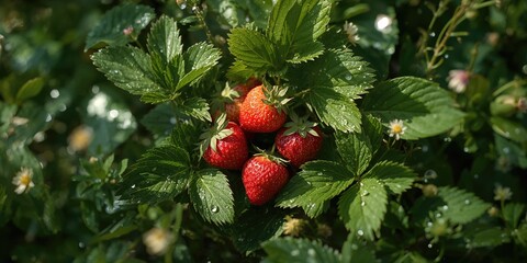 Cluster of ripe strawberries on the plant, illustrating harvest readiness and fruit development